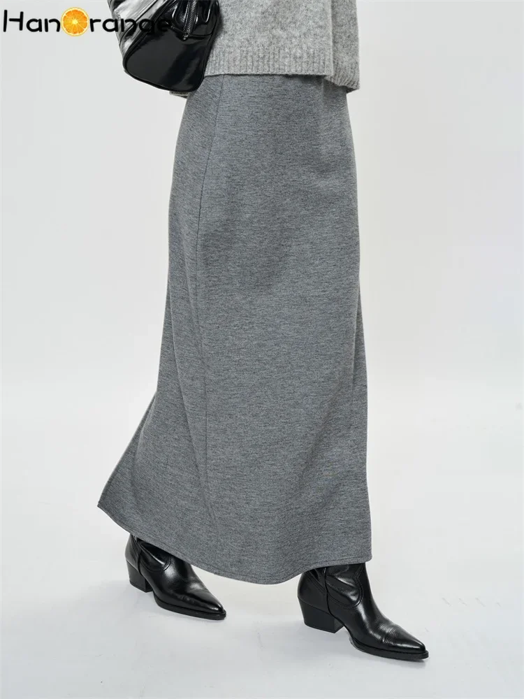 HanOrange 2025 Early Spring One Step Woolens Half Skirt Stretch Slimming Casual Long Skirt Black/Light Gray/Red