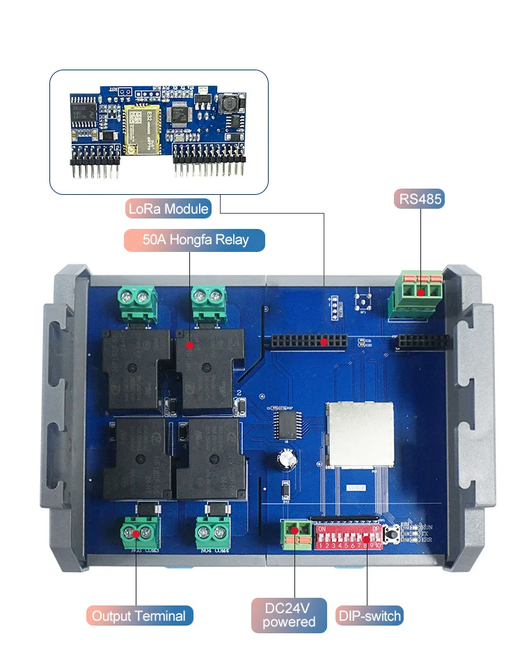 Huaqingjun 4-Channel RS485 LoRa Relay Module High Power 50A Relay RS-485 Communication Dual-mode Wireless & Wired Connectivity