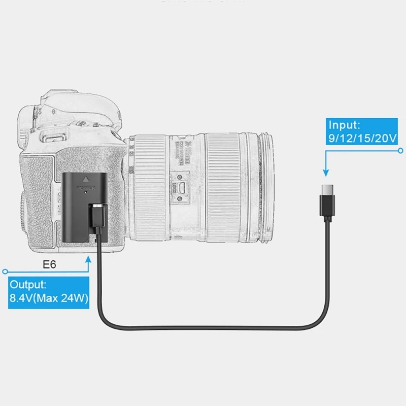 Portable Spring Type C to LPE6 Dummy Battery Power Cable for R 90D 80D 70D 60Da Mark 6D Mark 7D Mark K1KF