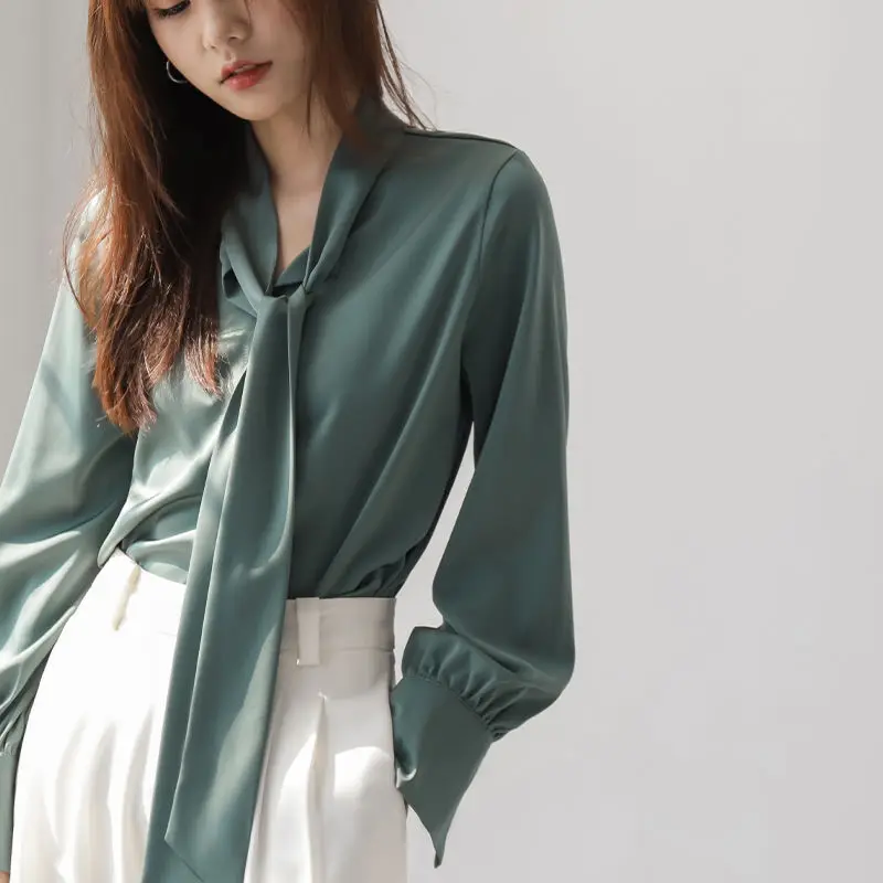

2025 Summer Luxury Satin Bow Tie Blouse-Women's Elegant Draped Shirt with Adjustable Belt High-End Office Lady Chic