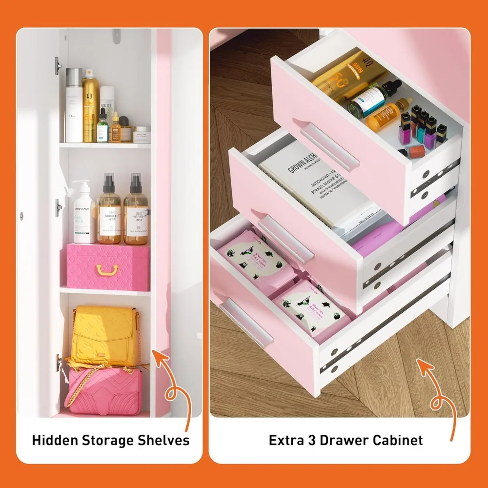 Beleuchteter Schminktisch mit zwei Spiegeln und Hocker, 3-Modus-Schminktisch-Set in Rosa