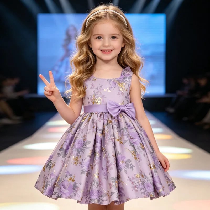 Custom Luxury Dress Wedding Guest Gown Flower Girl Gown Birthday Party Gown Pageant Show Sleeveless Floral Print Bow Satin Short
