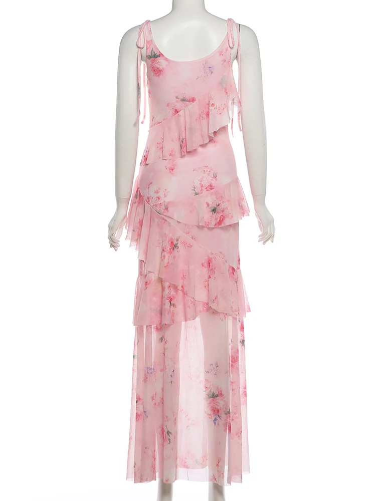 Weird Puss Kleid mit Blumenmuster für Damen, Rüschen, V-Ausschnitt, ärmellos, Bandage, figurbetont, süßer Stil, Sommermode, schick, Urlaubskleid – Detail 5