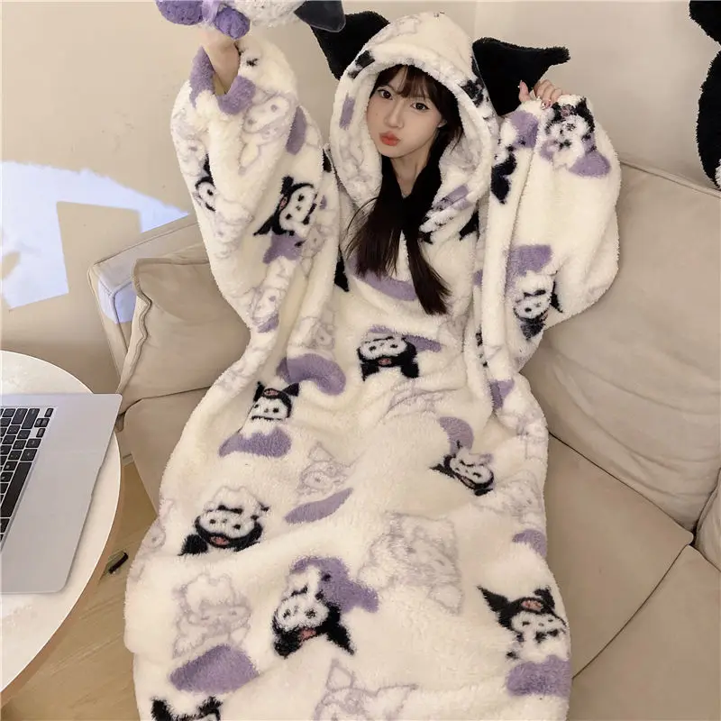 Sanrios Kuromi Pajama Skirt Anime Cartoon Woman Autumn Winter Plush Keep Warm Girl Long Style Oversized Robe Home Wear Nightgown