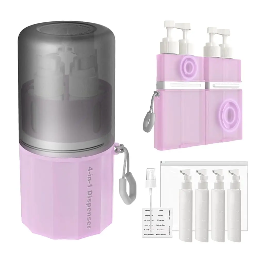 

Набор дорожных флаконов 4-в-1, одобренный TSA, многоразовые емкости для шампуня и кондиционера с присоской для гладких поверхностей