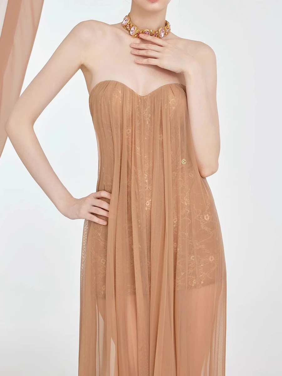 TWOTWINSTYLE Solid Sheer Spliced Mesh Elegant Dresses for Women Strapless Sleeveless Patchwork Sequins Dress Female Clothing New