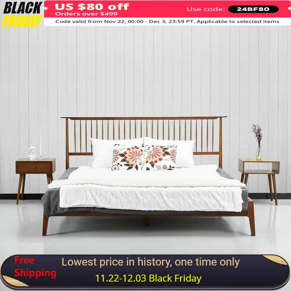 Ruby Wooden Bed Frame with Headboard, Crafted from Walnut, Rubber Wood with Silent Slats and Wood Central Supports,