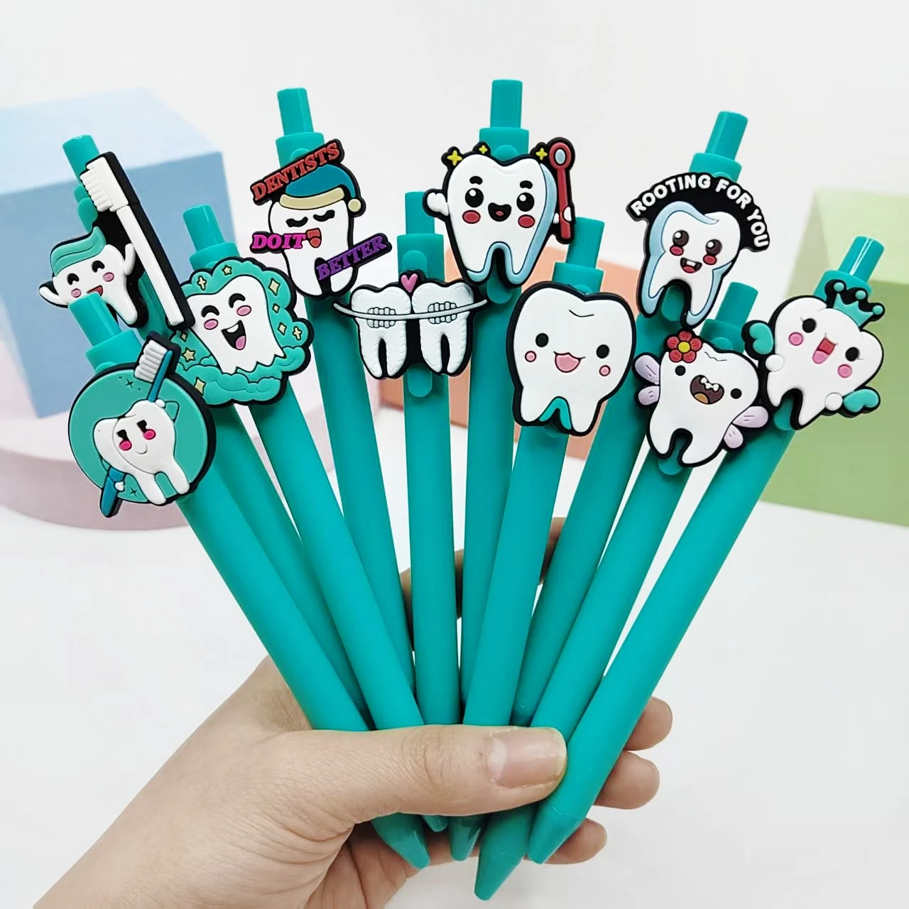 10PCS Dental Care Pen, World Love Teeth Day Themed Blue-Green Patch Pen, Creative Patch Neutral Pen Medium Oil Pen, Random