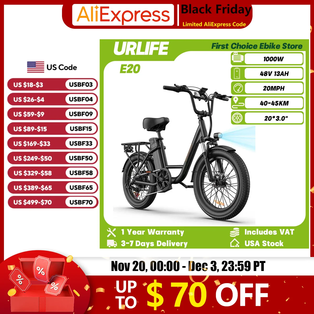 

URLIFE E20 All-Terrain Travel Electric Bicycle 1000W Motor 48V 13Ah Battery Adult Commuting Ebike 20*3.0" Fat Tire Electric Bike