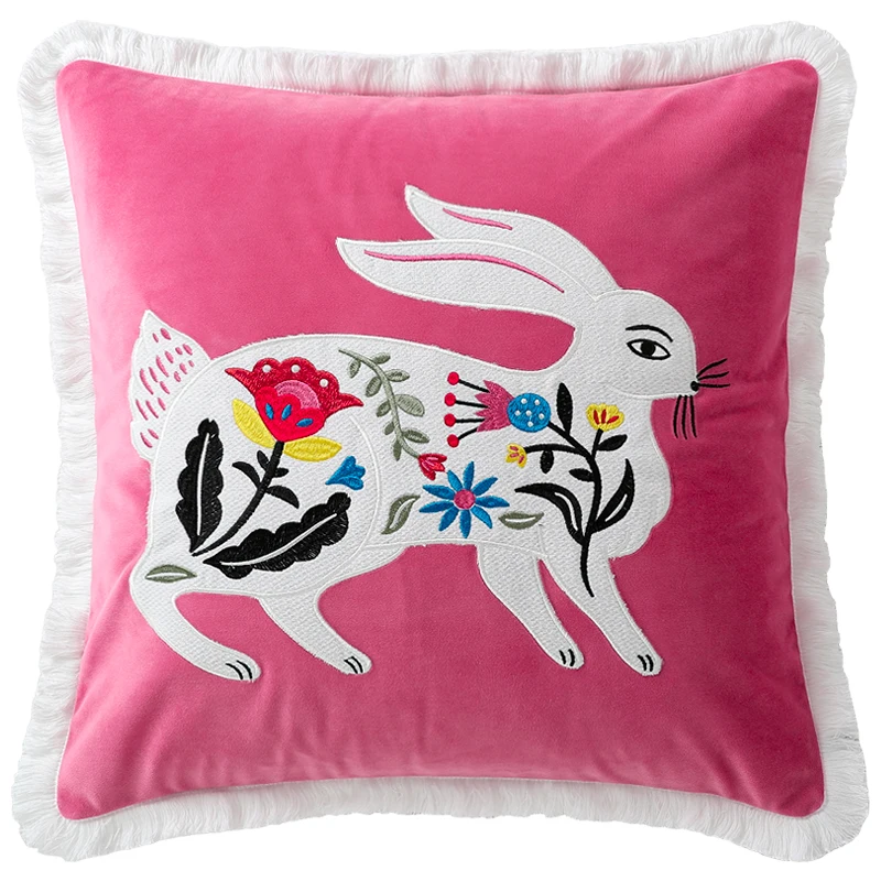 Pink Velvet Pillows White Flora Rabbit Embroidery Cushion Case Chic Decorative Pillow Cover For Sofa Chair 45x45 50x50 Home Deco