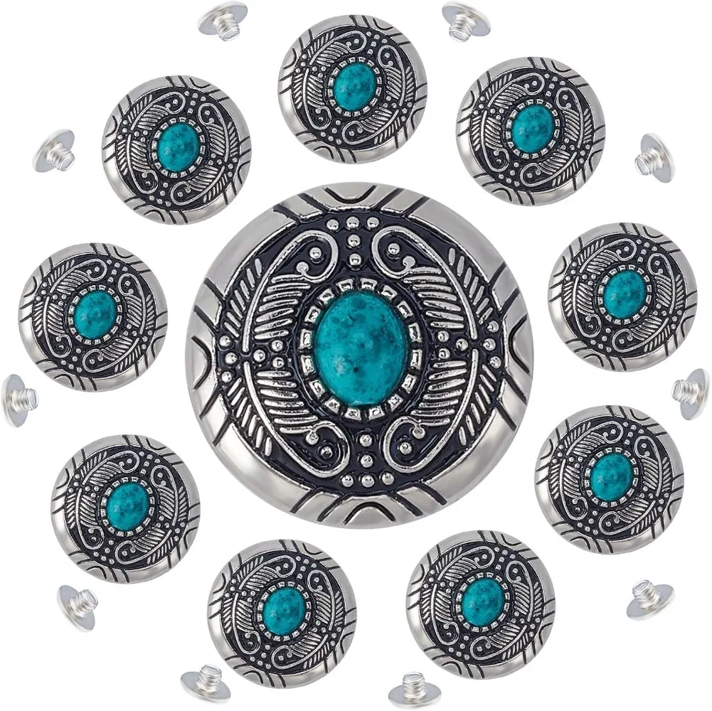

10Pcs Turquoise Screw Back Buttons 30mm Synthetic Turquoise Concho Cat Eye Engraved Metal Buttons Replacement Vintage making kit