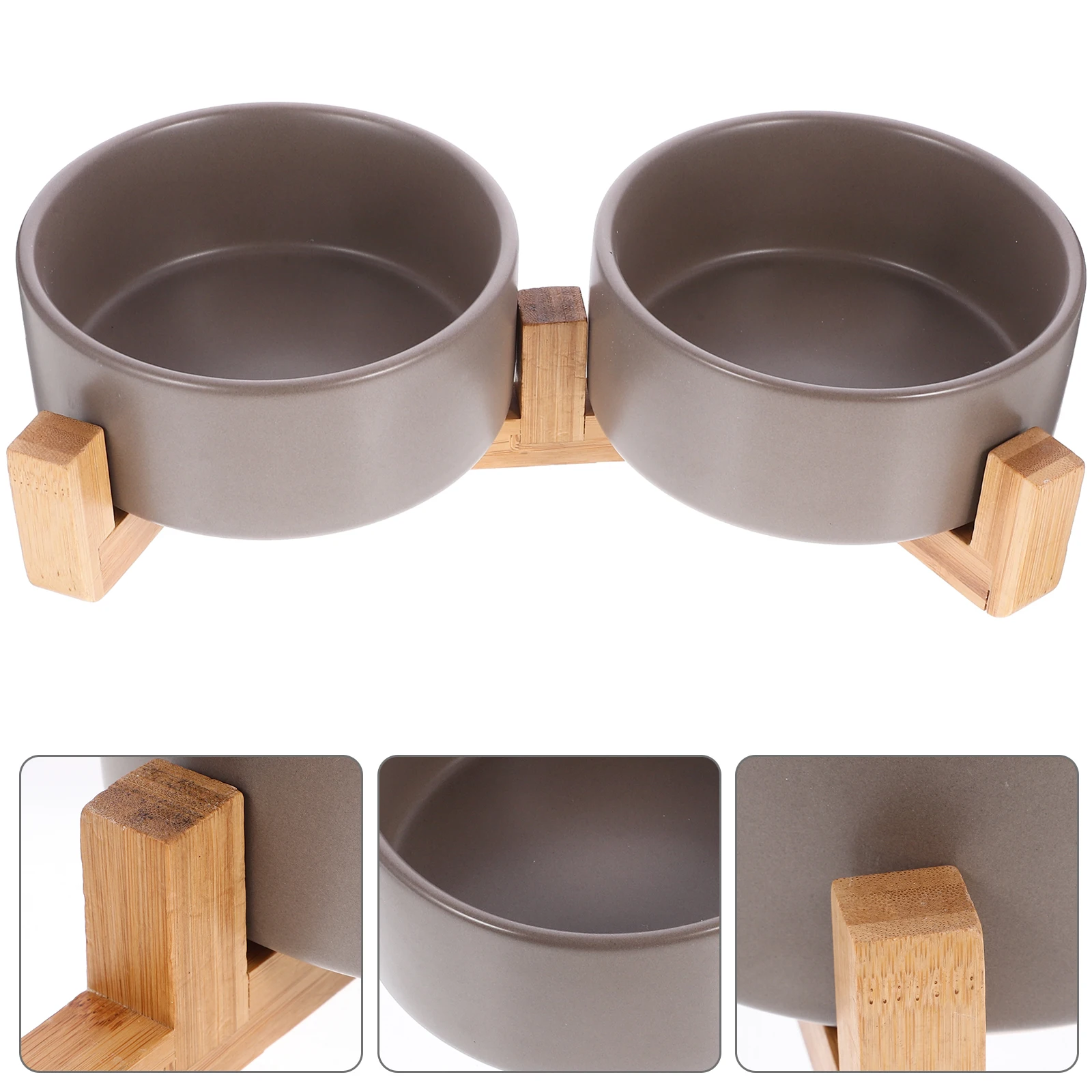 

Ceramic Dual Bowls Wooden Stand Anti slip Cat Dog Feeder Black White Medium Size Pet Bowl Stable Design Safe Material