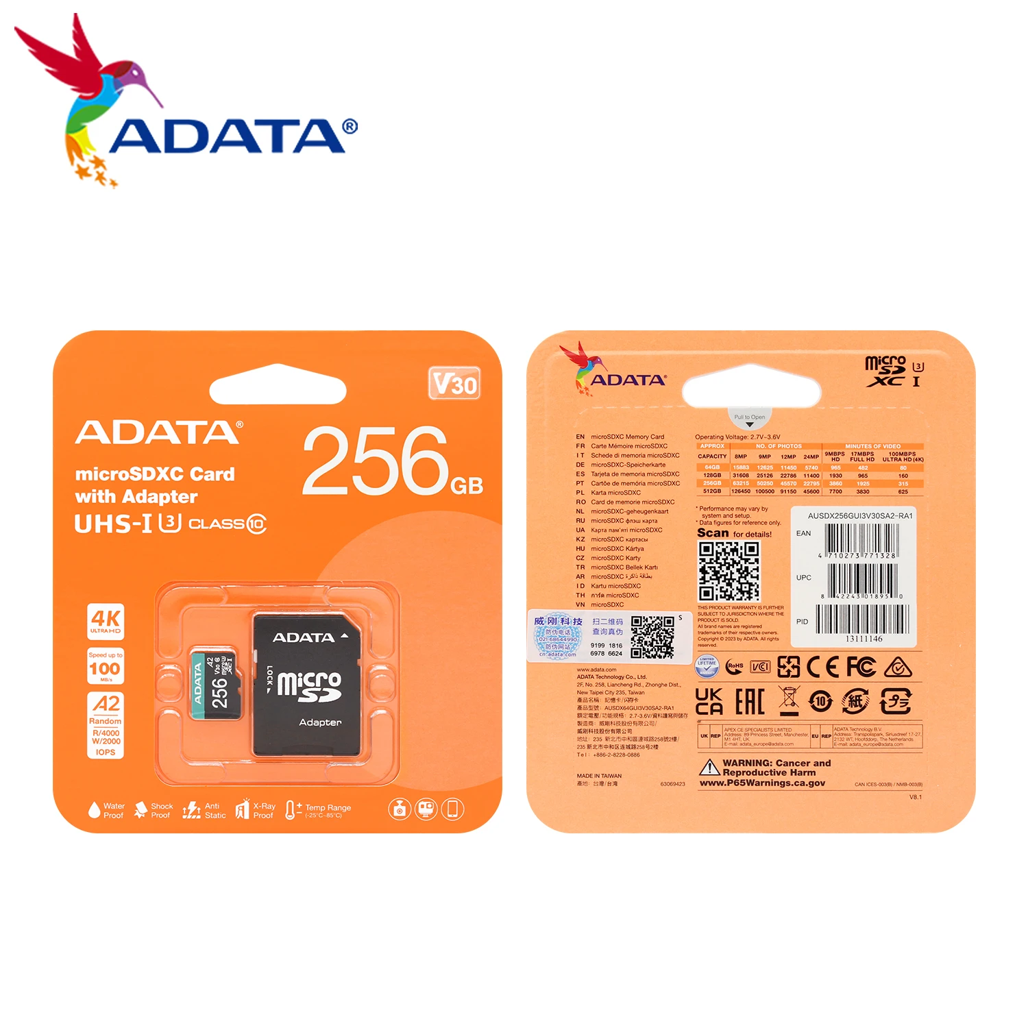 بطاقة ذاكرة ADATA TF الأصلية U3 A2 V30 C10 بطاقة فلاش 64 جيجابايت 128 جيجابايت 256 جيجابايت 512 جيجابايت بطاقات مايكرو SDXC TF لهاتف الكمبيوتر