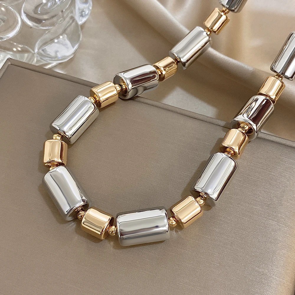 

Creative Design Women's Necklace CCB Two-Tone Golden & Silvery Big Small Cube Geometry Shape Chain Necklace Fashion Jewelry Gift