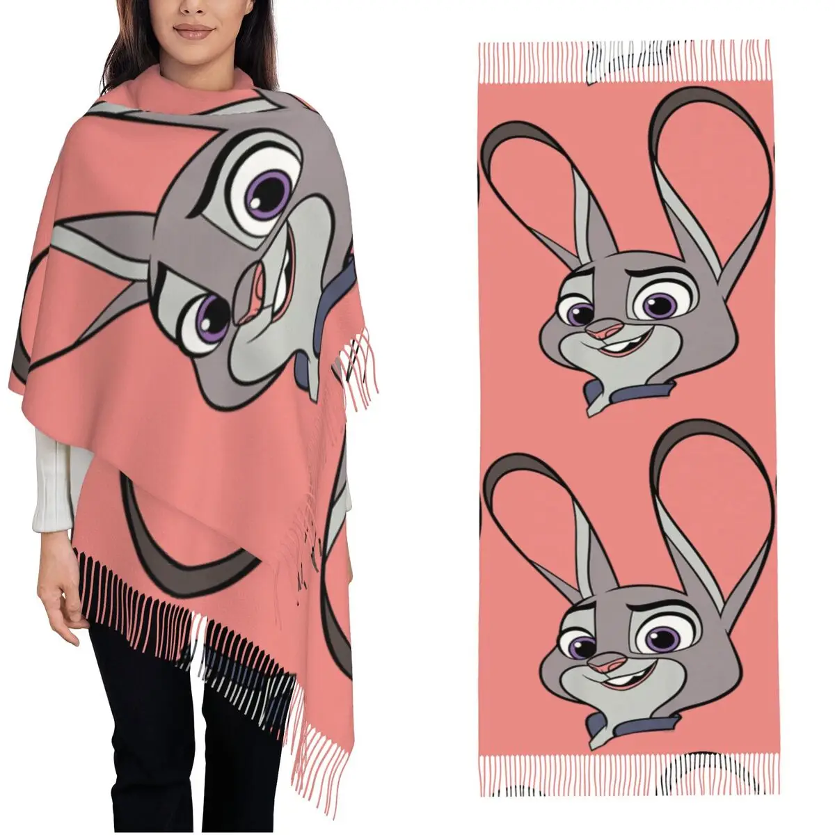 

Men Women Scarf Warm Soft Zootopia 2 Judy Hopps Big Face Scarves Wraps with Tassel Casual Shawls Wrpas Autumn Printed Bandana