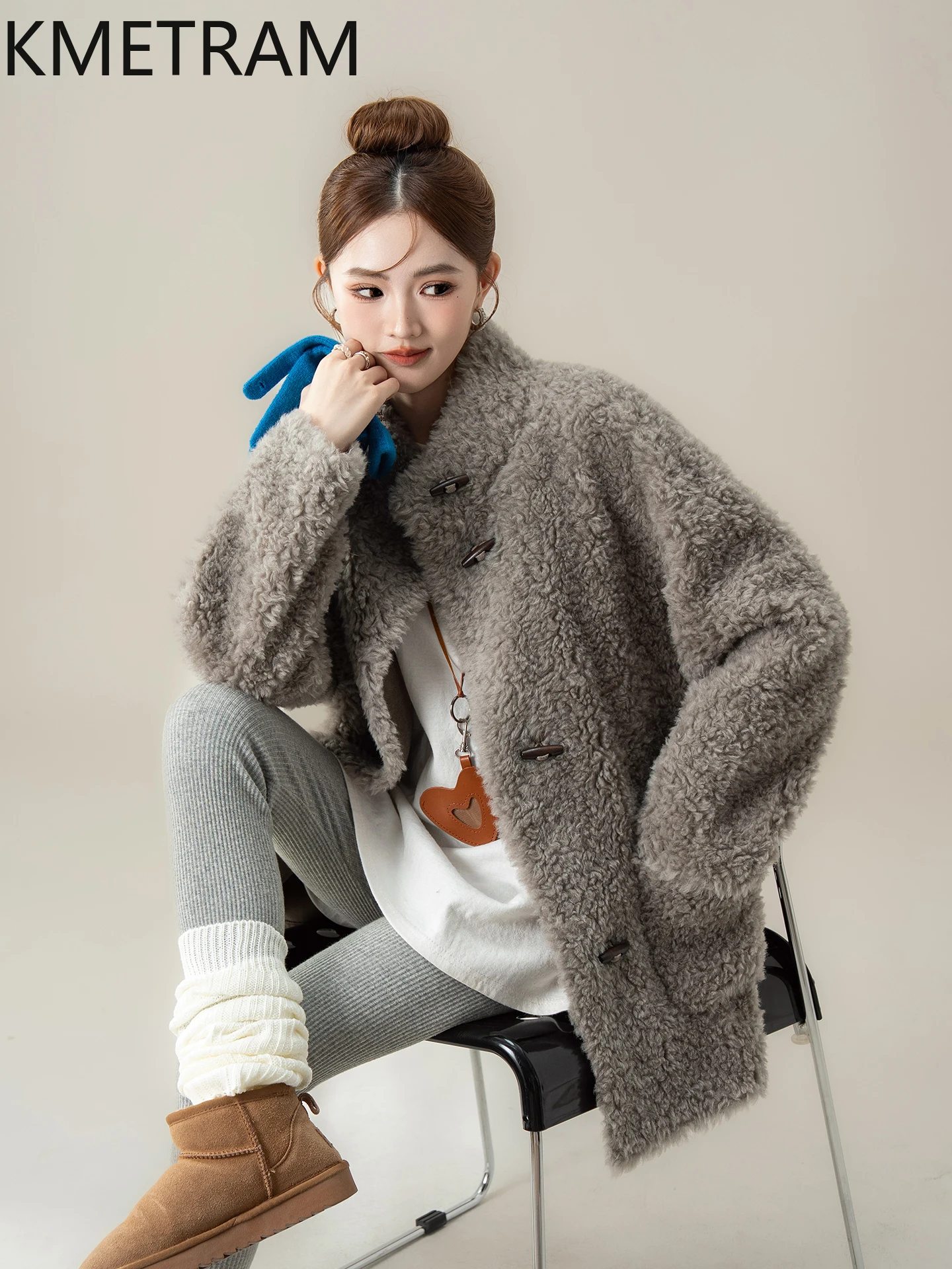 KMETRAM 100% Naturalna Wełna Swobodny Krój Guziki z Rogu Futro na Zewnątrz Średniej Długości Nowy Model Jesień-Zima 2025 куртка зимняя женская