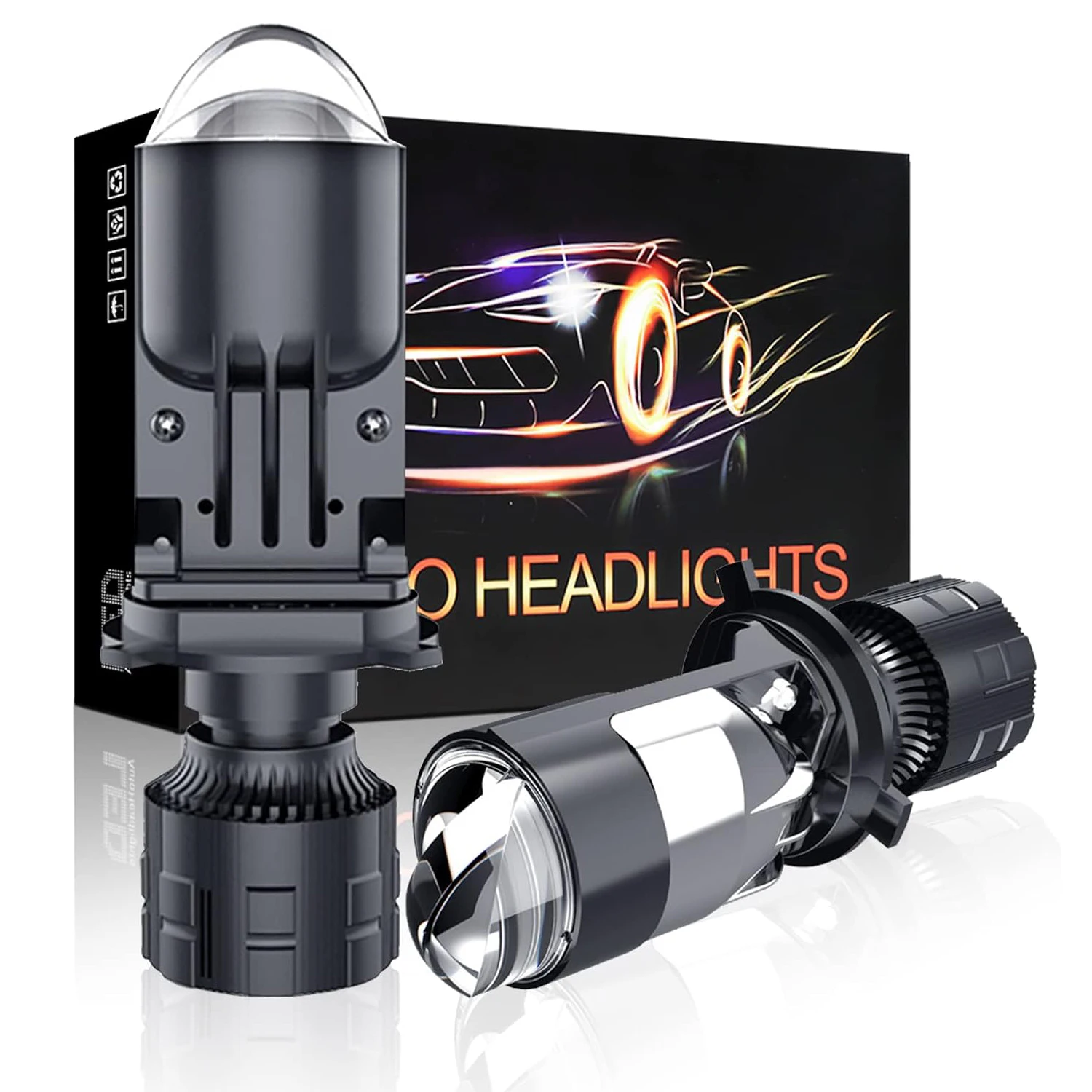 2pcs H4 LED Projector Mini Lens Auto H4 LED Headlight Bulb Kit Conversion High Beam Low Beam 6000K Turbo Fan Car Light Lamp