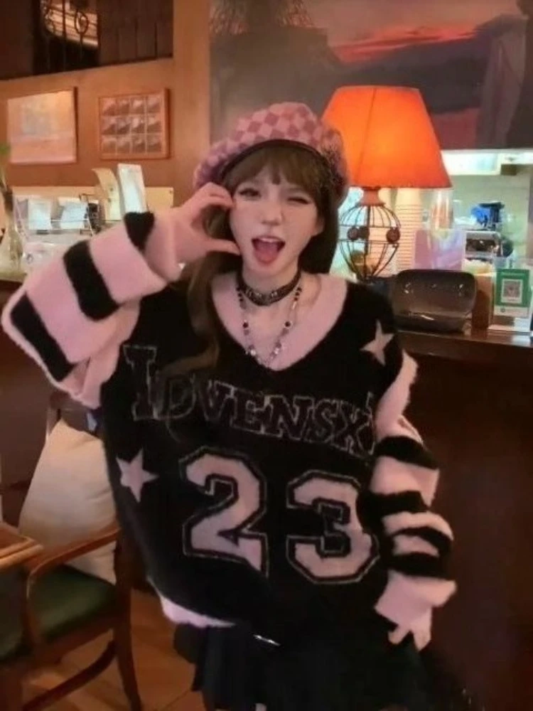 American Vintage Stripe Sweater Knit Patchwork Round Neck Long Sleeve Preppy Style Letter Pattern Fashion Casual Pullover Autumn