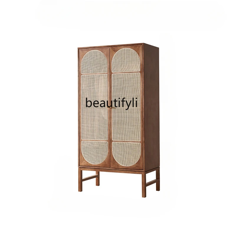 

Nordic Solid Wood Rattan Wardrobe Storage Locker Simple Modern Retro Cabinet Bed & Breakfast Bedroom Double Door Clothing