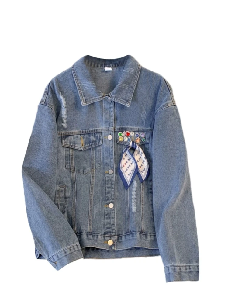 

Женская потертая джинсовая куртка с разноцветными бусинами и шарфом с акцентами, винтажное повседневное весенне-осеннее джинсовое пальто с длинными рукавами, модное