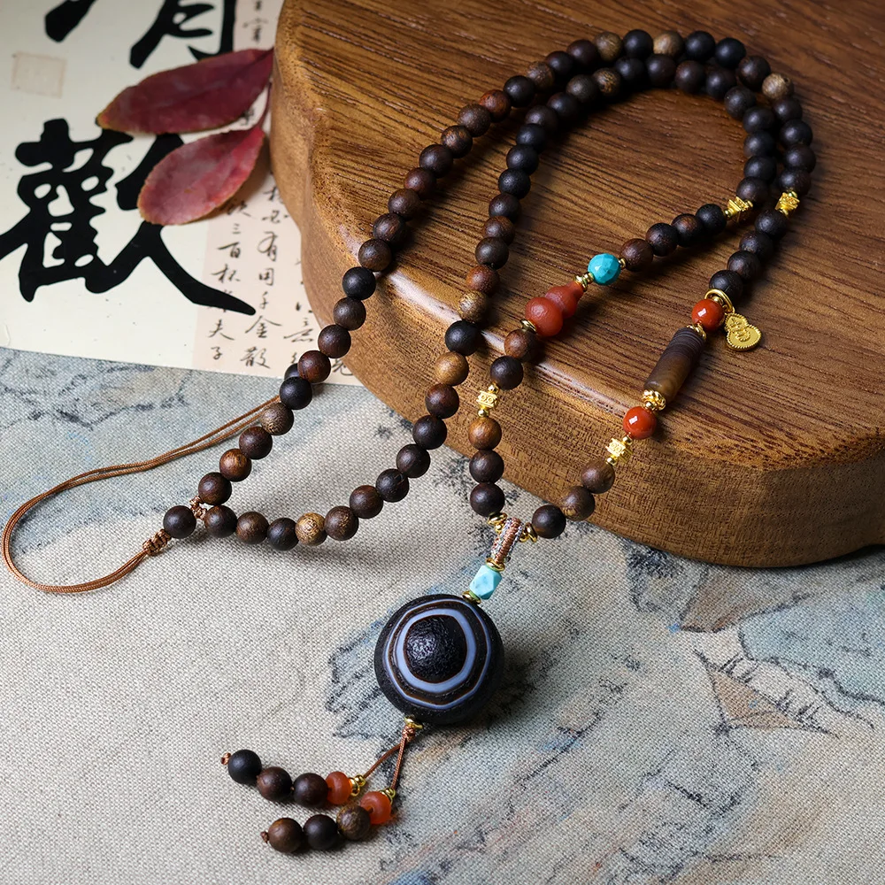 Handwoven Yellow Agarwood Necklace with Dzi Bead Chinese Style Sweater Chain for Jewelry Collection Gifts