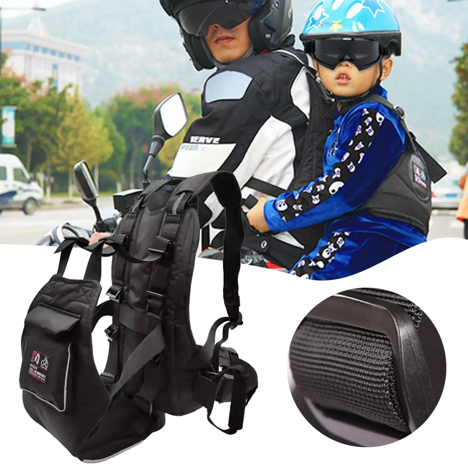 Breathable Motorcycle Safety Belt with Storage Bag Rear Seat Grab Handle Strap Harness Adjustable Child Reflective Strip for Kid