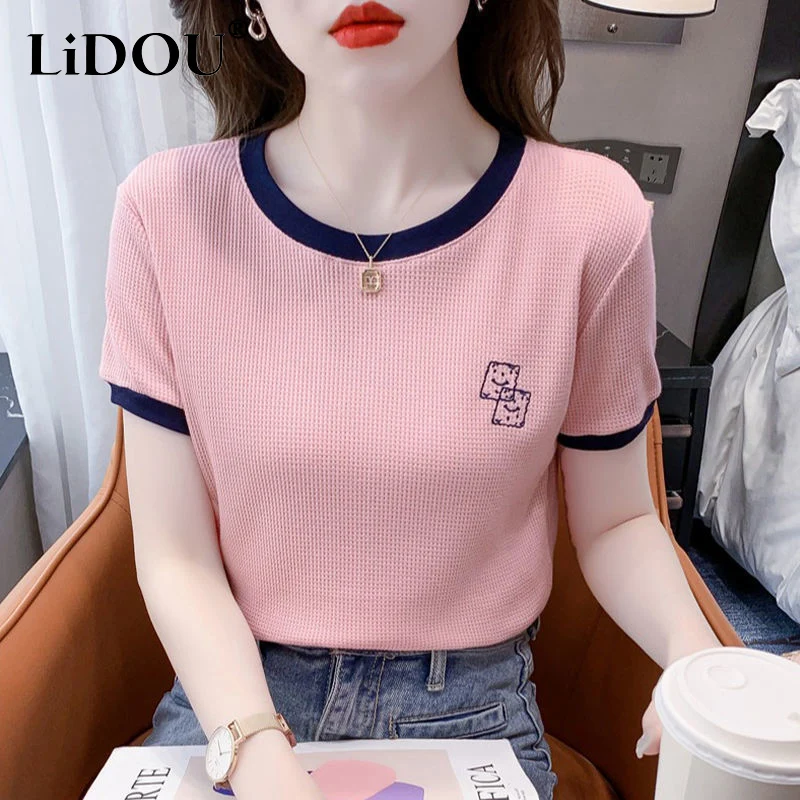 

2023 Summer Senior Short Sleeve Elegant T-shirt Women Embroidered Contrast Color Temperament Pullovers Korean Style Slim Tees