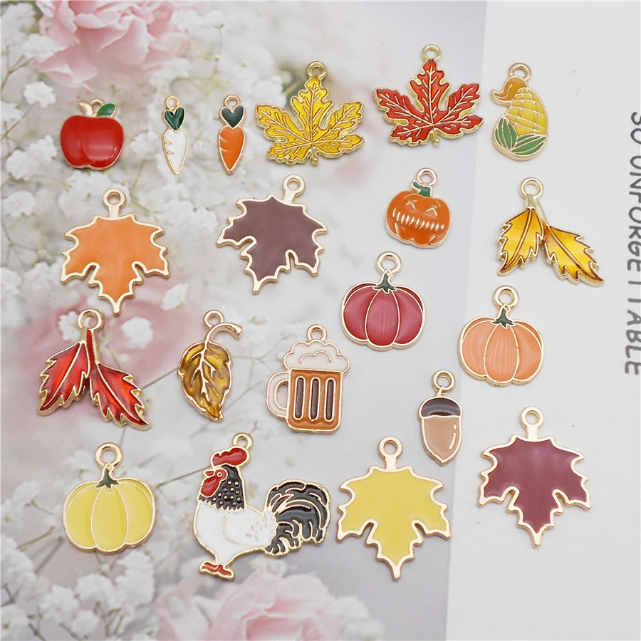 Julie Wang 20PCS Enamel Autumn Charms Maple Leaf Pumpkin Acorn Carrot Alloy Thanksgiving Day Pendant Jewelry Making Accessory