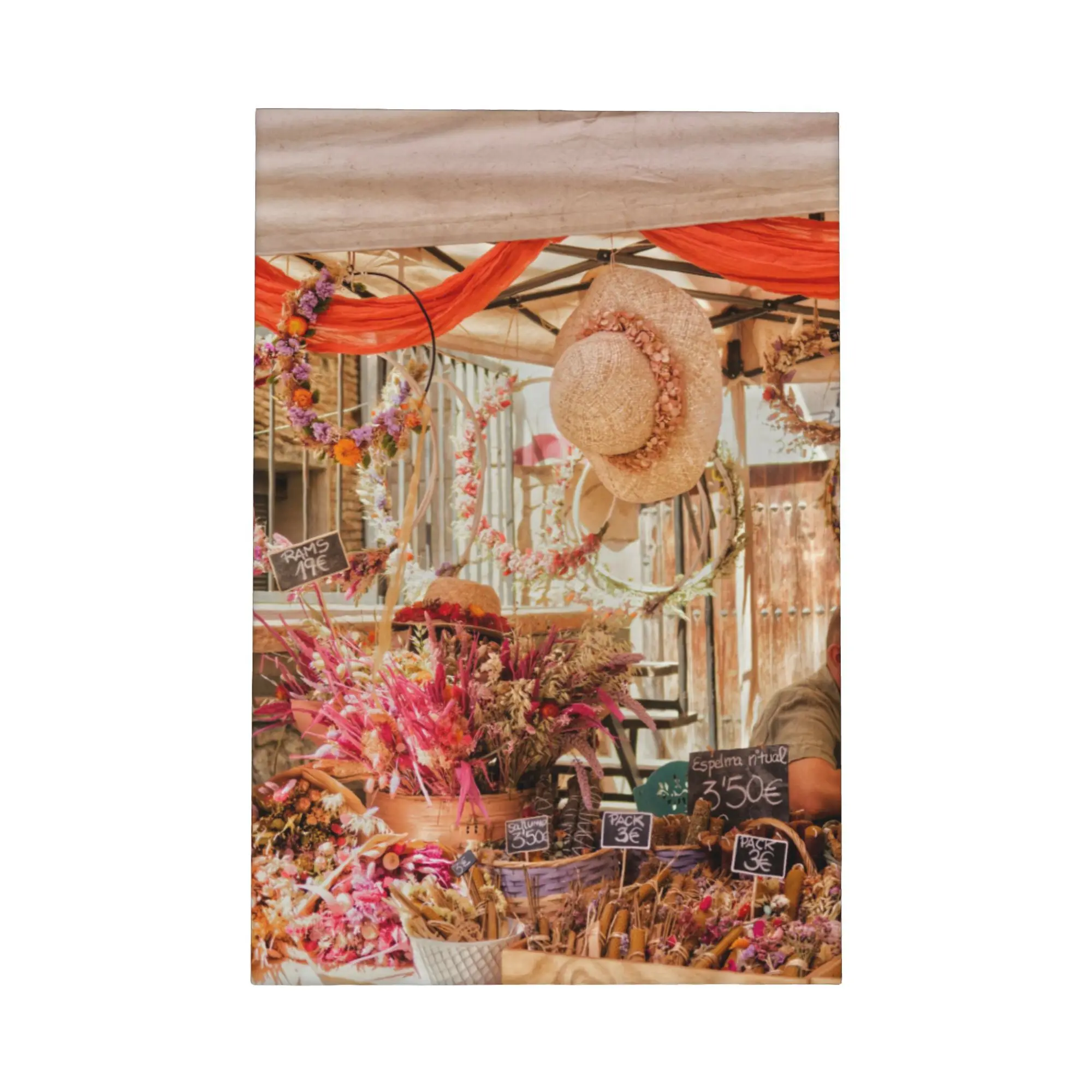 Arte de la pared de la lona de la calle de las flores de España, hermosa impresión escénica del beco floral andaluz, póster de macetas azules de paredes blancas, decoración de la pared del hogar