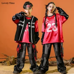 Hip Hop Boys Shiny Fake Two Piece Sweatshirt Vest Cargo Jeans Pants Girls K-pop Streetwear Kids Costumes Child Jazz Clothes Sets
