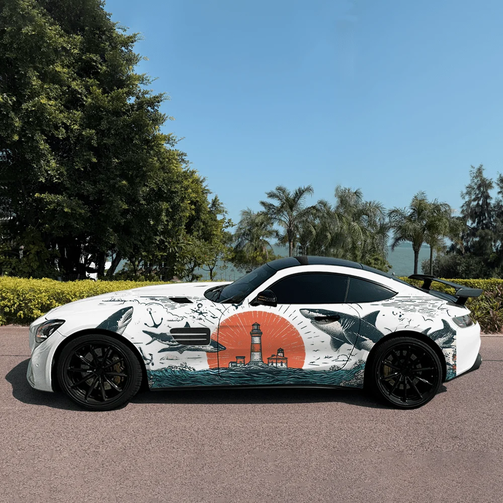

Sea Lighthouse Shark Car Vinyl Wraps Decal Self-adhesive PVC Sticker Suitable for Trucks SUV Decoration Auto Accessories Gift
