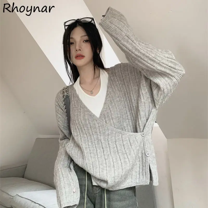 

Button Criss-cross Knitted Pullovers Women Chic Solid Simple All-match Ribbed Sweaters Young Loose Leisure Fashion Tops Students