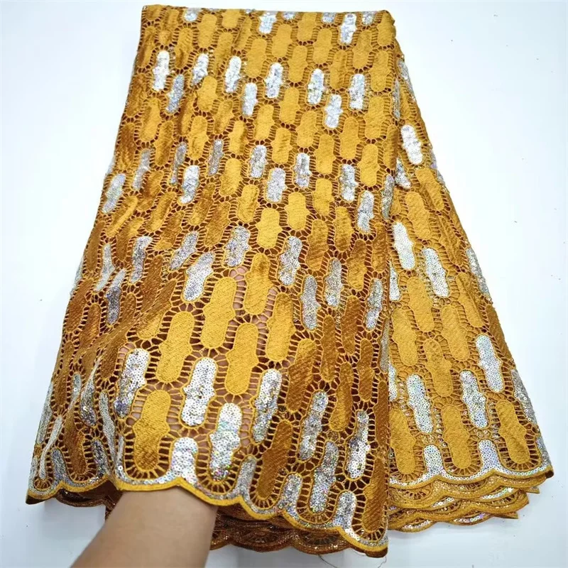 2025 Yellow High Quality African Lace Fabric with Sequins French Guipure Cord Lace Fabric for Sew Wedding Party DressParty