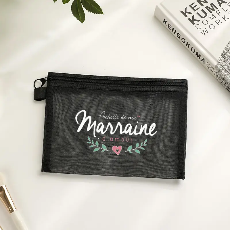 Bolsa de cosméticos de malla negra con estampado de madrina francesa, bolsa de maquillaje impermeable con cremallera, regalo para el día de la madre, bautizo
