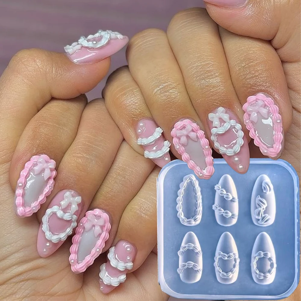 

3D Cream Cake Heart Silicone Nail Mold Vintage Birthday Cake Nails Carving Stencils Kawaii Wavy Hem DIY Nail Art Charms Template