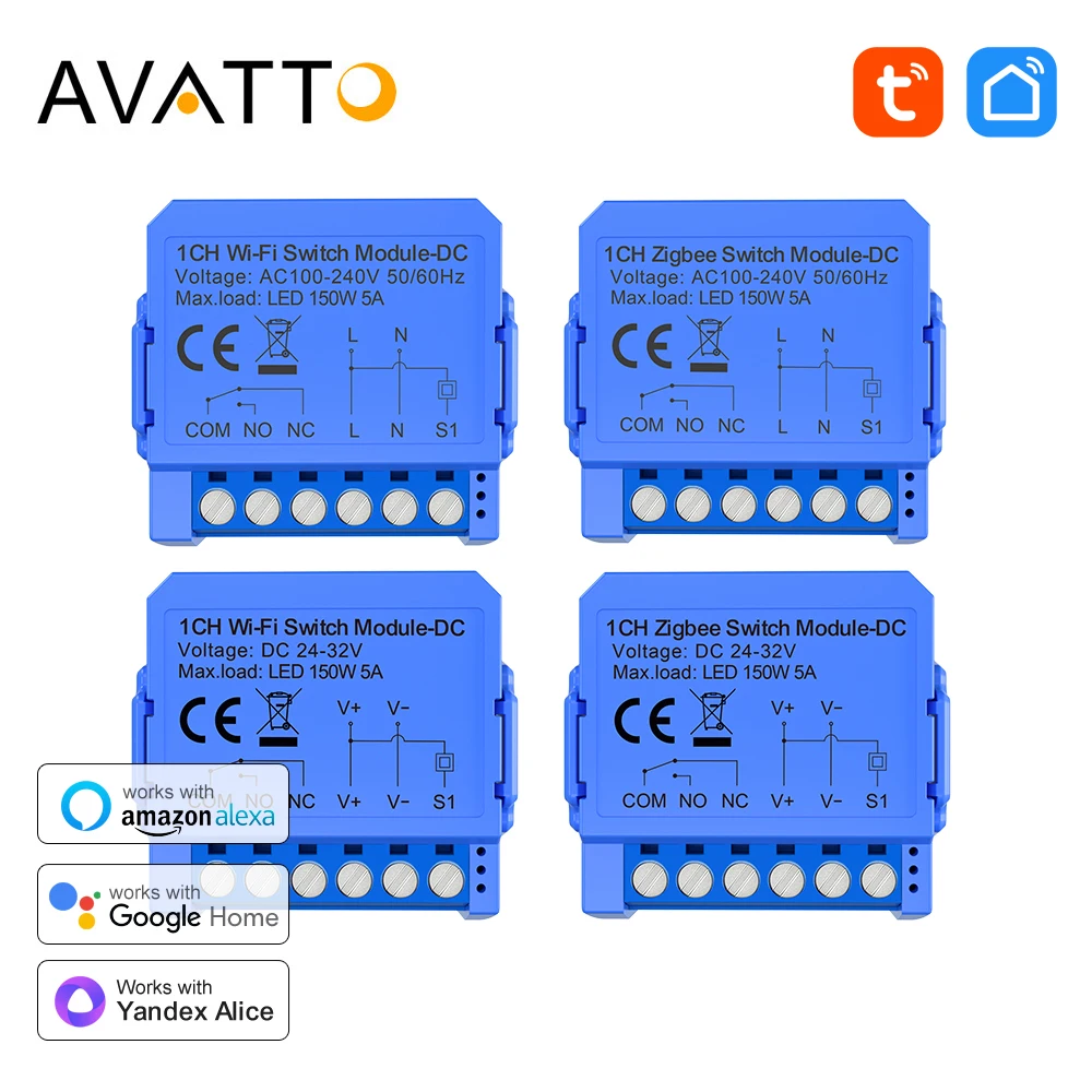 AVATTO Tuya WiFi/ZigBee Smart Dry Contact Universal Breaker，DC 24-32V/AC 100-240V Switch Module Works With Alexa Google Home