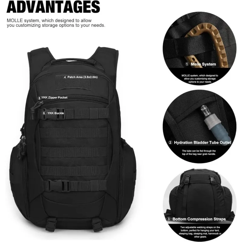 Outdoor Tactical Backpack Molle Pack for Hiking Motorcycle Backpack 28L EDC Bag with Hydration Compartment Waist Belt