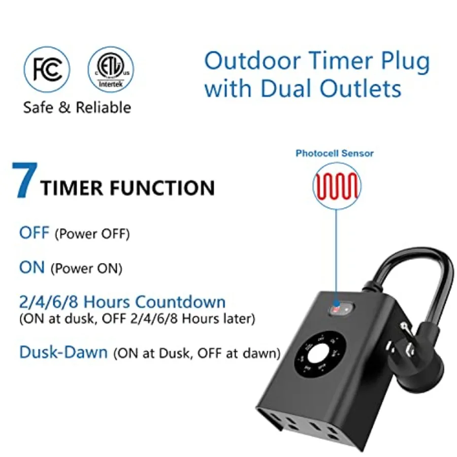Outdoor Sensor Timer for Lights Dusk to Dawn, Waterproof with 2 Grounded Outlets, Weatherproof Countdown 7 Modes for Garden, Co