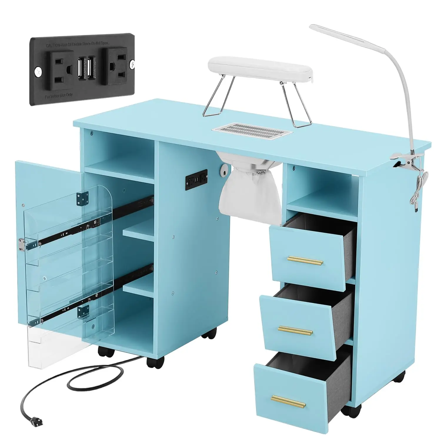 

Синий маникюрный стол для мастера с пылесосом, LED-лампой, блокирующимися колесами, ящиками, шкафчиком, стеклянными полками, на заказ