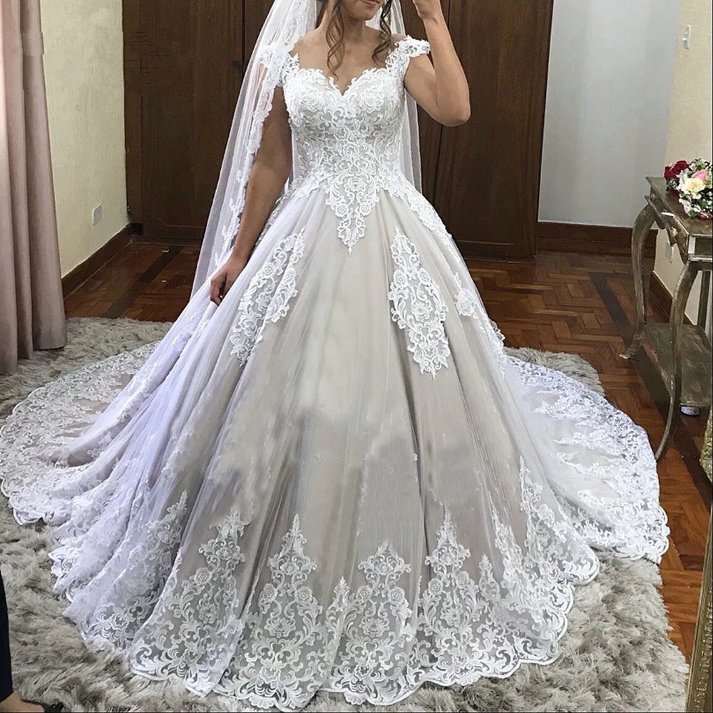 

ZJ9301 Off The Shoulder A Line Lace Wedding Dresses Elegant Appliques Lace Up Bride Dress Cathedral Train Bridal Gown Plus Size