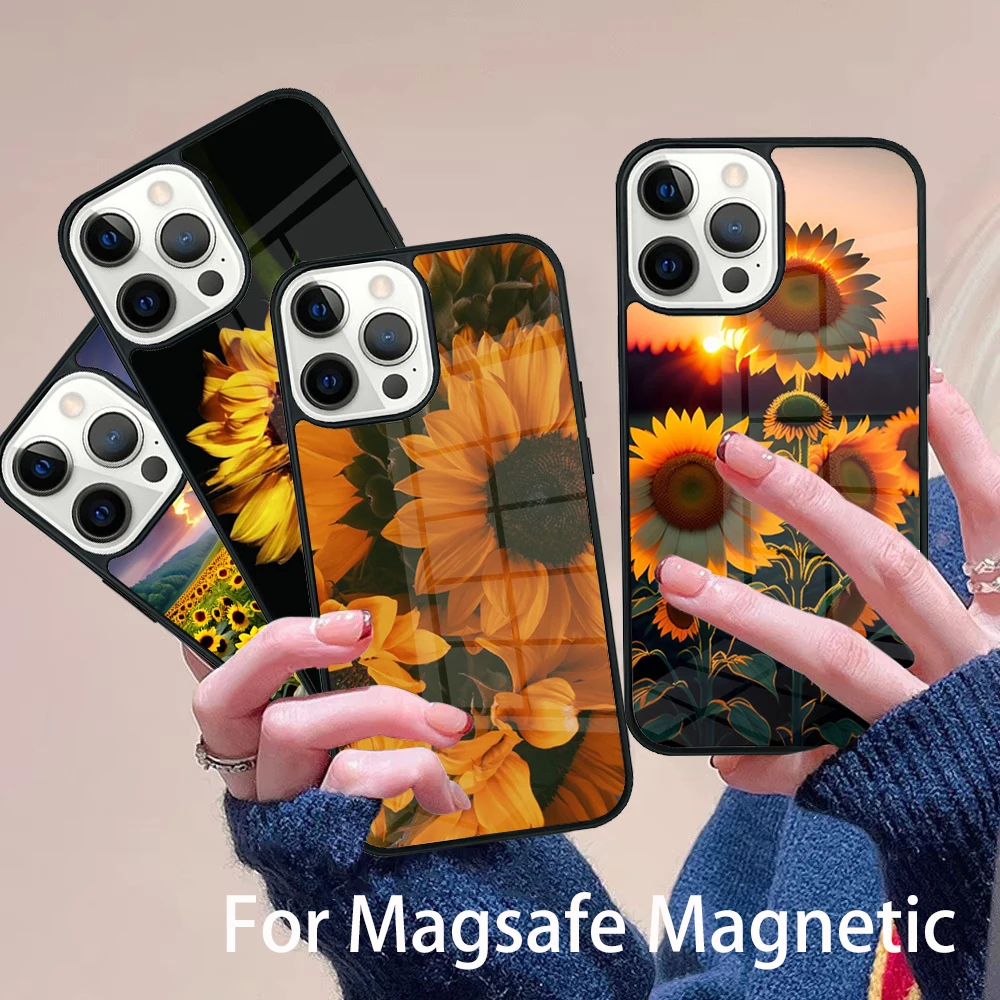 

Beauty Yellow Sunflower Phone Case Magesafe Magnetic Wireless Charge Cover For IPhone 16 11 12 13 14 15 Pro Max Plus Mini