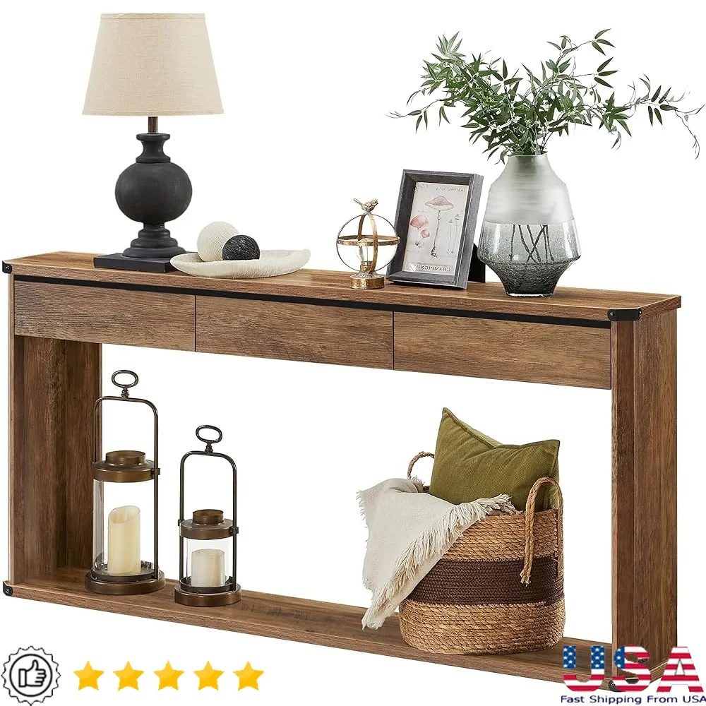 

Farmhouse Console Table with 3 Drawers and Bottom Shelf Entryway Table Narrow Spaces Living Room Organization