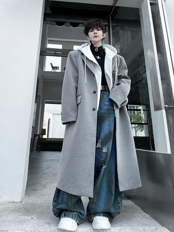 

Thiened Woolen Coat 2025 Winter Collection Detachable Hood Men's Mid-Length Over-Knee Korean Sle oulder Padded Coat
