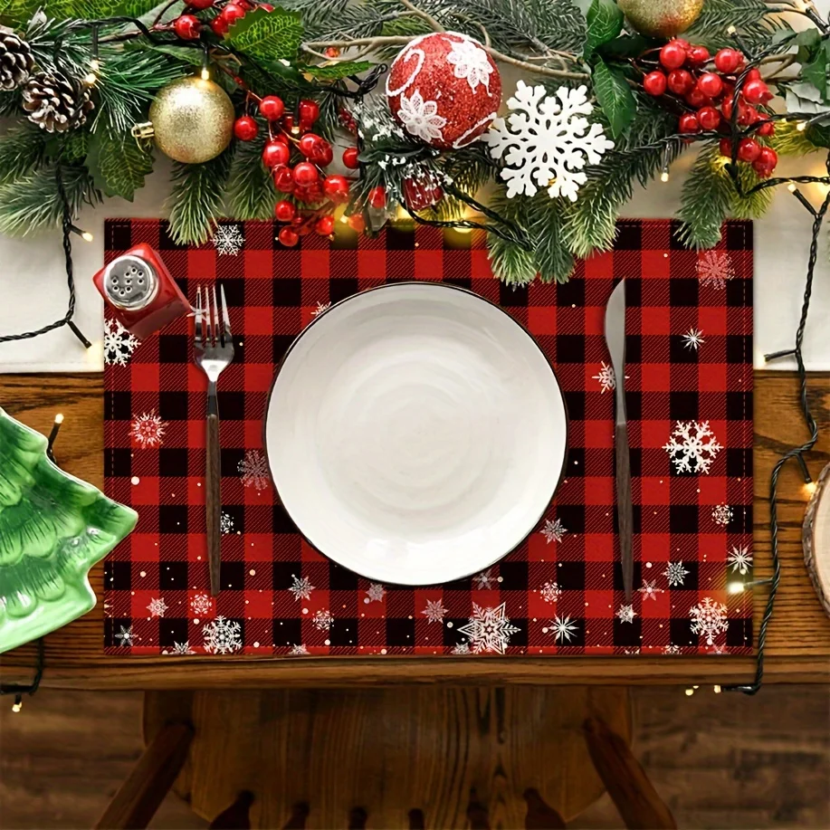 Christmas Holiday Placemats in Red And Black Checkered Design Measuring Machine Washable Perfect for Festive Gatherings