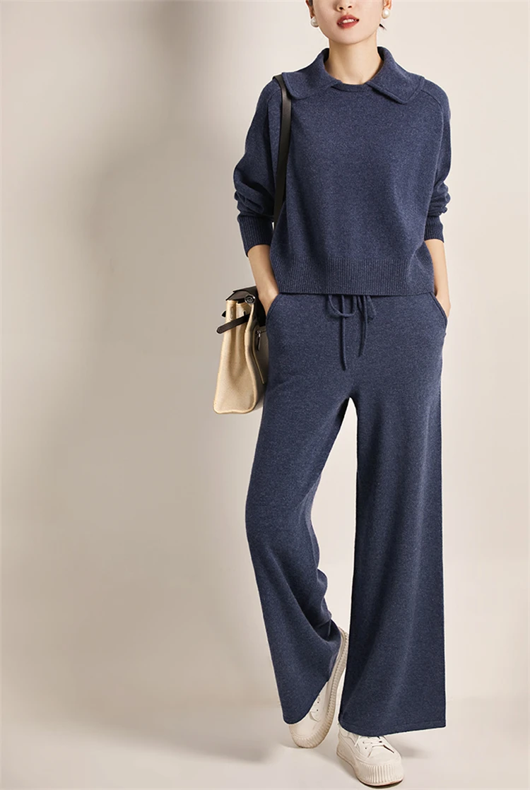 Incorporate French Chic into the daily Italian M.ORO cashmere sweater/trousers suit with large lapels.