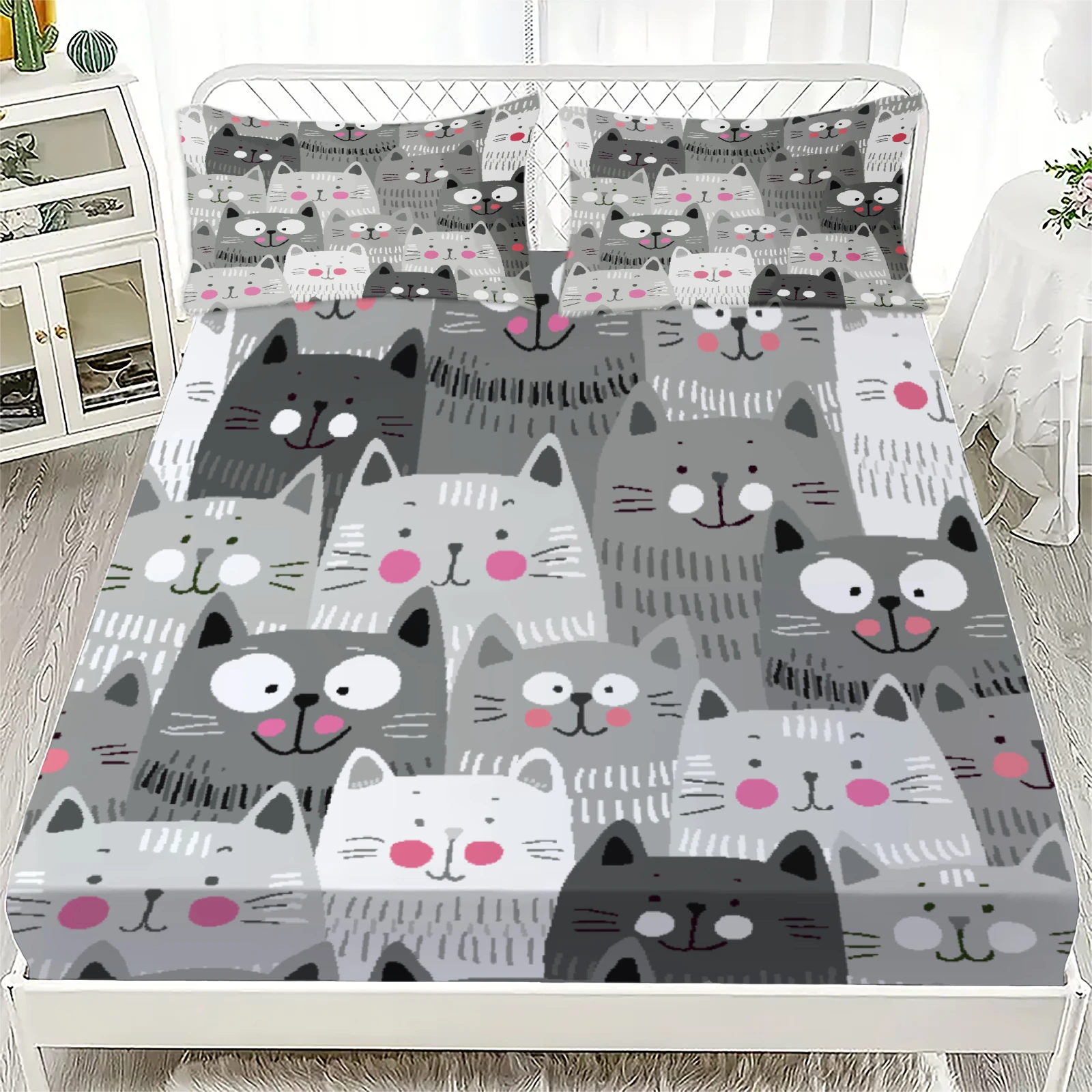 

Комплект из 3 предметов: черно-белые простыни с мультяшным кошачьим принтом, 3D-печать, 100% полиэстер, 1 простыня и 2 наволочки