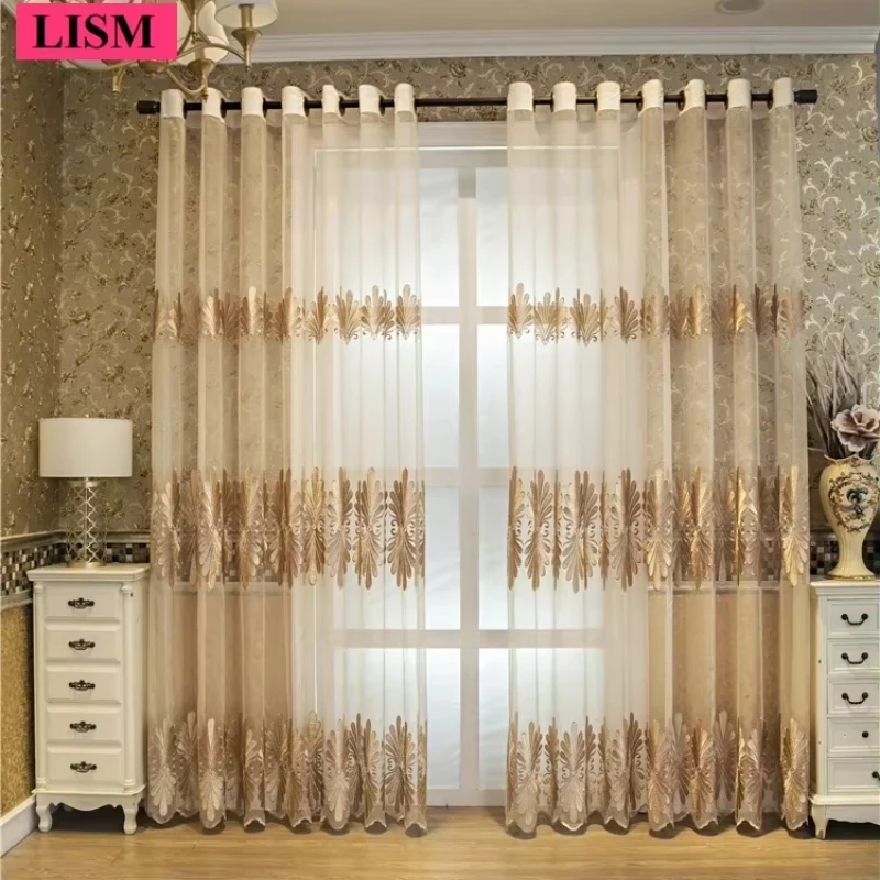 Luxury European Villa Living Room Embroidered Curtains Simple European Bedroom Study Balcony Coffee Color Tulle Customization