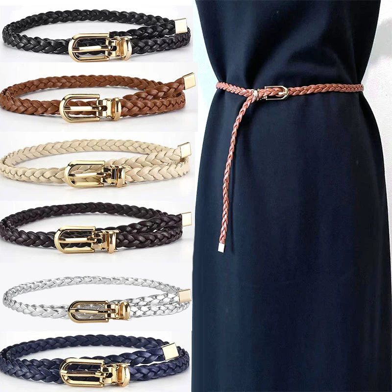 1Pc Leather Knotted Braided Belt Candy Color Simple Personality Clip Buckle Belt Ladies Dress Decorative Accessories