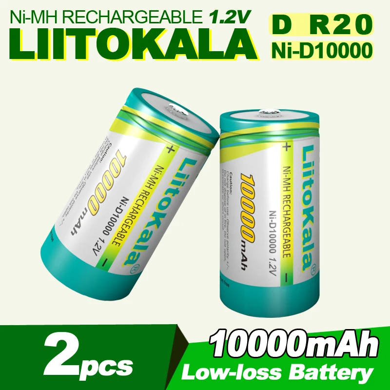 2 uds LiitoKala Ni-D10000 1,2 V 10000mAh 10Ah R20 batería recargable tamaño D 1,2 V Ni-MH batería recarregavel D tipo nimh batería