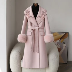 2023  Women Ladies Natural Real Fox Fur Coat Cashmere Wool Woolen Outerwear Winter Jacket